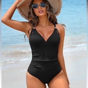 NWT Charmo Black Ribbed Ruched One-Piece Swimsuit Size L